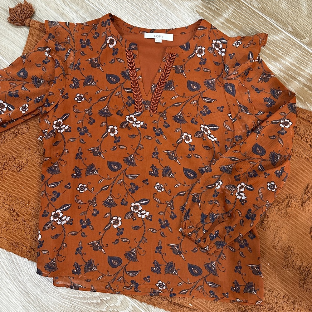 LOFT Burnt Orange Floral V-Neck Ruffle Sleeve Blouse